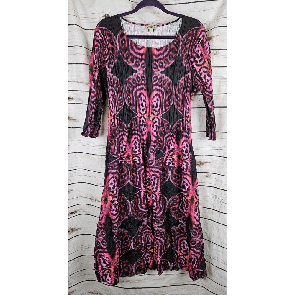 Alquema Smash Pocket Dress Sz 2 Midi Pink Ikat Crinkle Print M/L Art 3/4 Sleeve